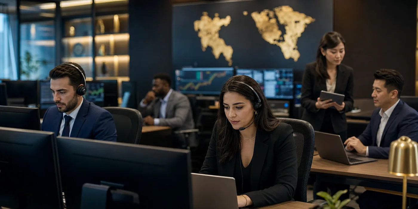 Contact DOM Academy support team in a premium fintech office